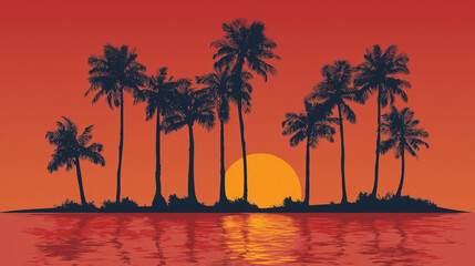 Palm tree silhouette vector at the beach with sunset colors for wallpaper