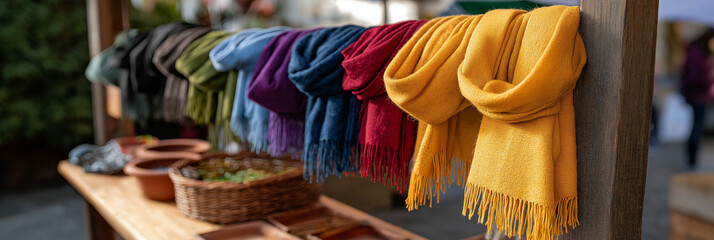 An array of colorful scarves elegantly displayed at a bustling bazaar, showcasing the vibrant colors and textures that attract shoppers and promote local artisanship.