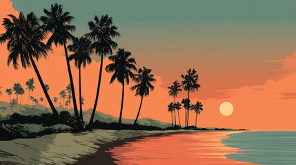 Palm tree silhouette vector at the beach with sunset colors for wallpaper