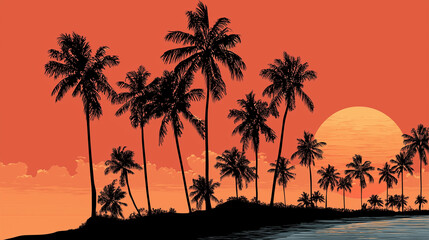 Palm tree silhouette vector at the beach with sunset colors for wallpaper