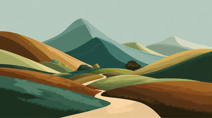 Vector art of winding hiking trail leading up a stylized mountain, green and brown earth tones
