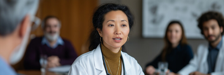 A female doctor leads a meeting with attentive patients, providing insightful medical advice, conveying trust and professionalism in a modern healthcare environment.