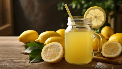 refreshing homemade natural lemon juice with fresh lemons and slices