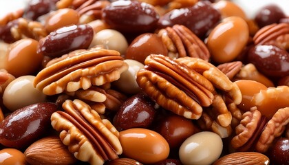 a close up view of a pile of deliciously glazed mixed nuts including almonds pecans and walnuts