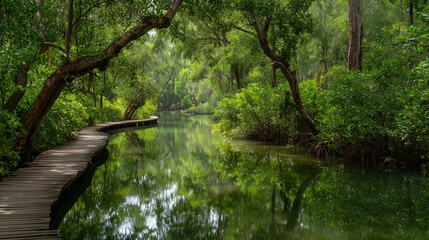 Mangrove Forest Waterway with calm water canal winding through a lush green mangrove forest in Krabi