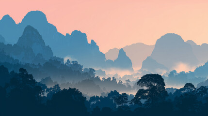 Vector art of layered silhouette of Khao Sok karsts mountain for wallpaper