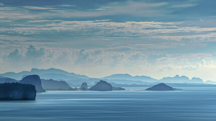 Layered landscape of distant islands and sea with wide aspect ratio for wallpaper.