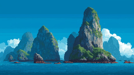Minimalist illustration of towering limestone karsts in a blue bay for wallpaper