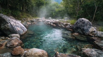 Natural hot springs pool surrounded by rocks and steam rising in a cool forest