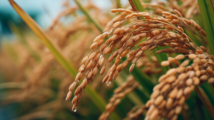 Macro shot of golden rice grains, agricultural background.