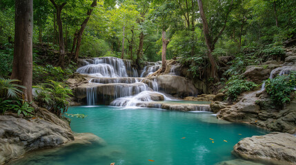 landscape of clean and turquoise waterfall flowing over white rocks in deep tropical jungle