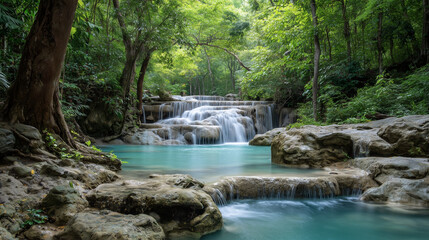 landscape of clean and turquoise waterfall flowing over white rocks in deep tropical jungle