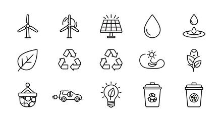 Fototapeta premium Eco-friendly line art icons set with wind turbines, solar panels, leaves, recycling symbols, and water drops.