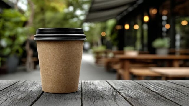 Eco-friendly coffee cup on rustic wooden table in outdoor caf&eacute; scene