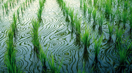 Close up of green young rice plants in water
