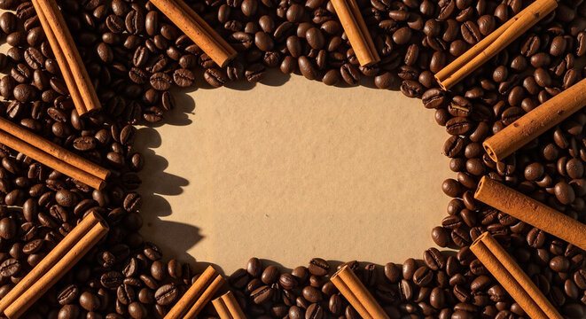 Coffee beans and cinnamon sticks forming a warm decorative border  