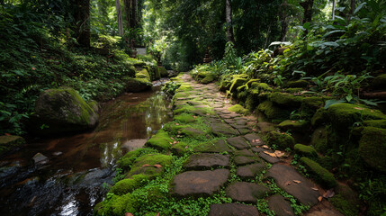 Hidden moss covered stone path and stream with mystical and serene.