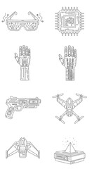 Futuristic Technology Icons - VR Goggles, Microchip, Robot Hand, Drone, Spaceship, and Pyramid Device.