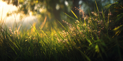Golden morning sunlight streams through lush green grass and delicate wildflowers, creating a serene and vibrant natural landscape.