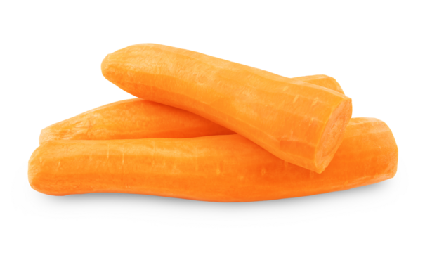 A stack of three whole, freshly peeled, bright orange carrots isolated on a clean white background, ready for consumption.PNG