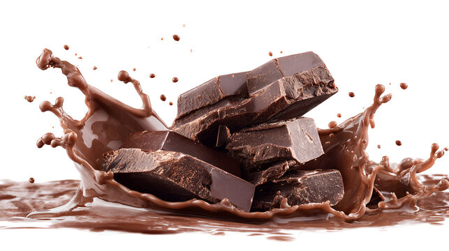 Chocolate chunks splashing in liquid chocolate isolated on transparent background