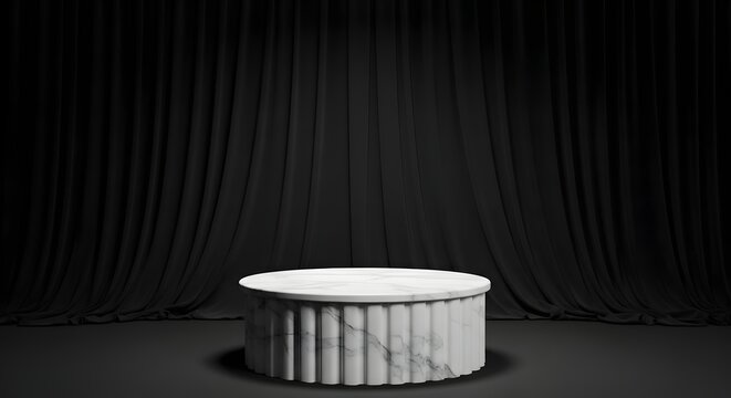 Elegant white marble display stand with ribbed base on dark background with black drapes