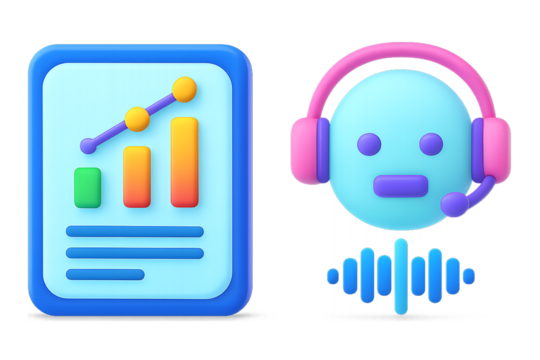 3d icon of customer service robot with headset and business analytics isolated on transparent background