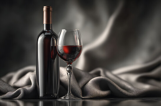 Red wine bottle and glass placed on a shiny surface with fabric waving behind. Empty space for text. - Powered by Adobe