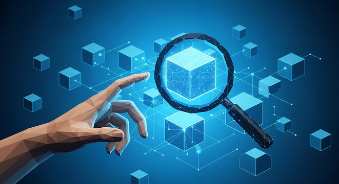 Polygonal hand reaching towards magnifying glass over glowing digital cube image