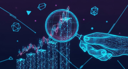 Wireframe hand holding magnifying glass over glowing digital stock market graph analysis business
