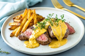 Closeup of grilled steak with French fries and creamy mustard sauce on a ceramic plate. High-protein restaurant-style dish, perfect for advertising lunch menus, takeout, or food delivery services