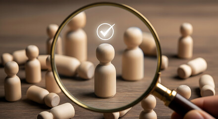 Wooden peg people one selected with checkmark under magnifying glass person figure