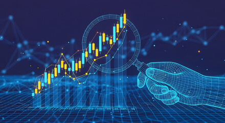 Wireframe hand holding magnifying glass over glowing stock market chart graph finance