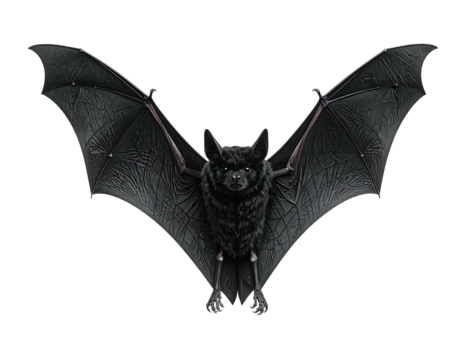 A furry black bat with wings spread, poised for flight, stands out against a solid black background