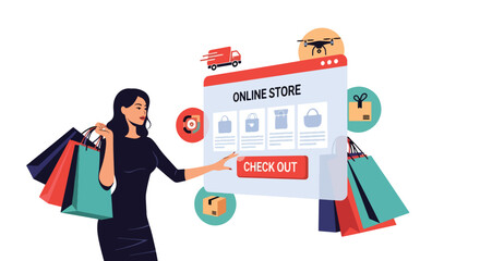 Flat vector illustration of woman shopping online through a giant floating store interface, surrounded by delivery and discount icons. ideal for ecommerce landing pages