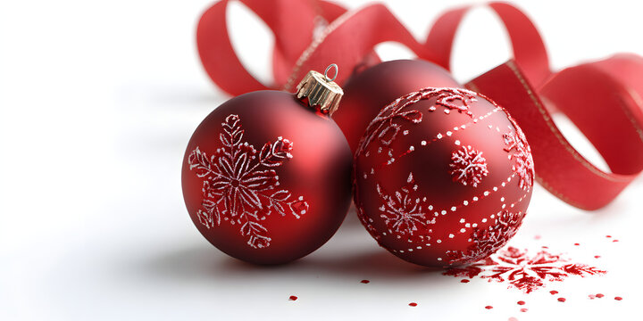 Stunning red Christmas ornaments adorned with intricate white snowflakes and festive ribbon create a magical holiday atmosphere. - Powered by Adobe