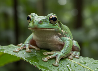 Obraz premium Green Tree Frog in Tropical Jungle Rainforest