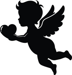 Flying cupid angel holding heart silhouette, romantic love concept design for Valentine’s Day celebration, CAD drawing flat vector illustration art