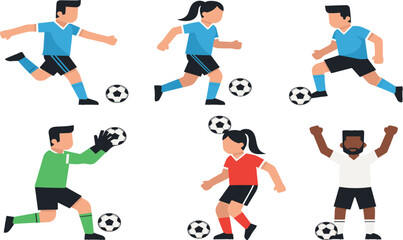 Cartoon soccer players illustration, male and female football characters, goalkeeper, dribbling, kicking, celebrating, sports action poses, team uniform vector design
