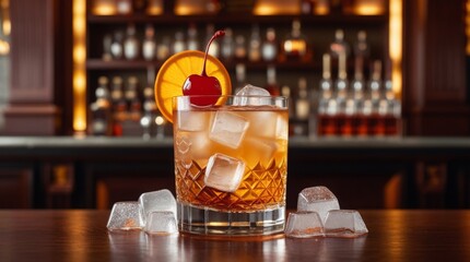  Old fashioned bourbon drink with a citrus twist of freshly squeezed orange peel, garnished with a vibrant red cherry and served over shimmering ice cubes that sparkle like diamonds,