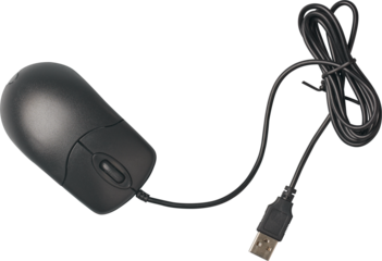 close-up of black wired computer mouse with coiled cable and usb connector isolated white background, minimalist peripheral for office work and computing, top view without shadows