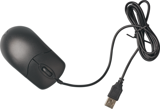 close-up of black wired computer mouse with coiled cable and usb connector isolated white background, minimalist peripheral for office work and computing, top view without shadows