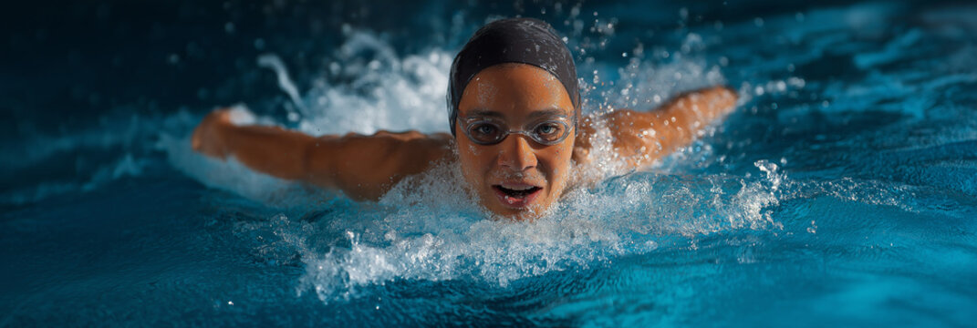 An energetic swimmer showcases their skills while competing in a race, capturing the intensity of the sport amidst splashes of water highlighting determination and athleticism.