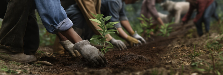 A diverse group of people collaboratively planting young saplings in a community garden, symbolizing collective effort and commitment to environmental sustainability.