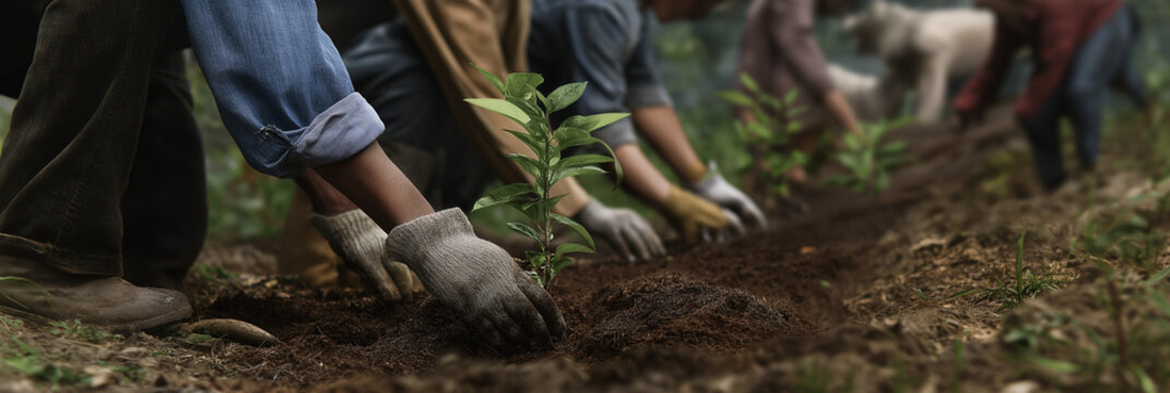 A diverse group of people collaboratively planting young saplings in a community garden, symbolizing collective effort and commitment to environmental sustainability.