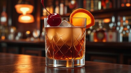Realistic glass of bourbon old fashioned with a delicate orange peel twist and a lush cherry garnish, set against a warm amber glow, under rich vintage bar lighting with soft shadows, the glass reflec