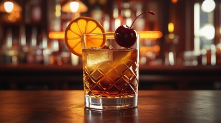Realistic glass of bourbon old fashioned with a delicate orange peel twist and a lush cherry garnish, set against a warm amber glow, under rich vintage bar lighting with soft shadows, the glass reflec