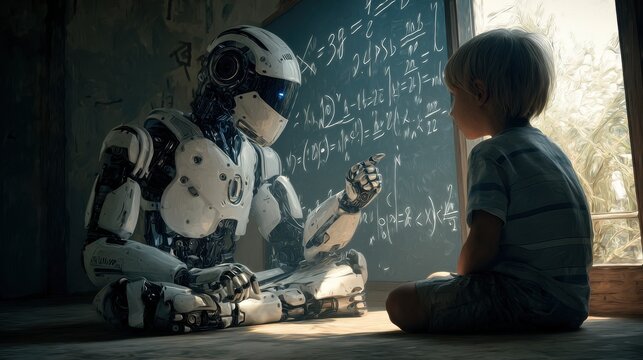 Young Boy Sitting on Floor Learning with Robot in Classroom Environment