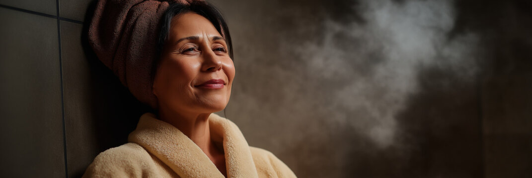 A serene woman enjoying a spa experience, surrounded by soothing steam and tranquility, representing self-care and the importance of relaxation for mental wellness.