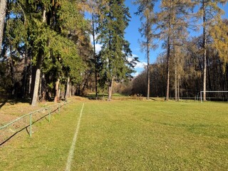 An empty rural football field in Betliar Slovakia with green grass a goalpost and woods in the background on a sunny autumn day